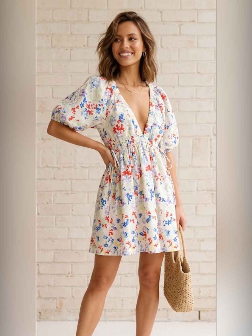 Abercrombie & Fitch Floral White Puff Sleeve Mini Dress, size medium